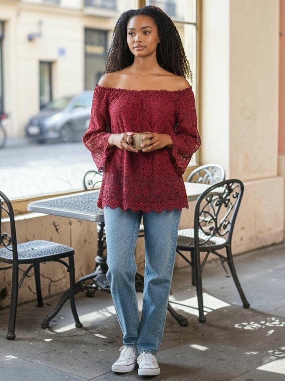 L & B Womens Small Medium Maroon Lace 3/4 Bell Sleeve\ Blouse Top Shirt S M